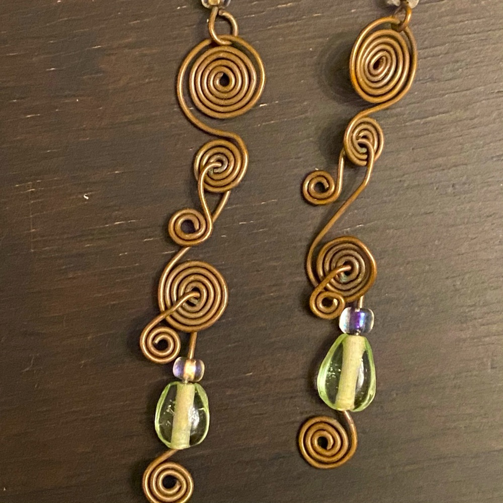 Handmade copper wire long drop earrings